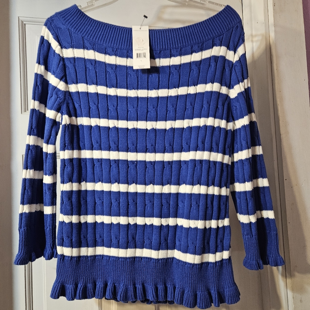 Blue and White Striped Women's Sweater Size Large